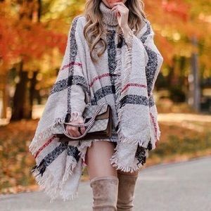 Turtleneck Plaid Fringe Hem Poncho Sweater